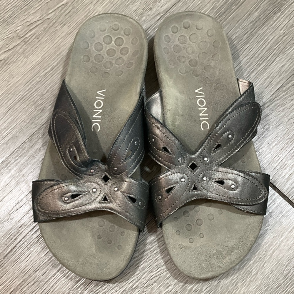 Vionic Sonja Pewter Leather Adjustable Strap Slip-On Sandals size 10 wide